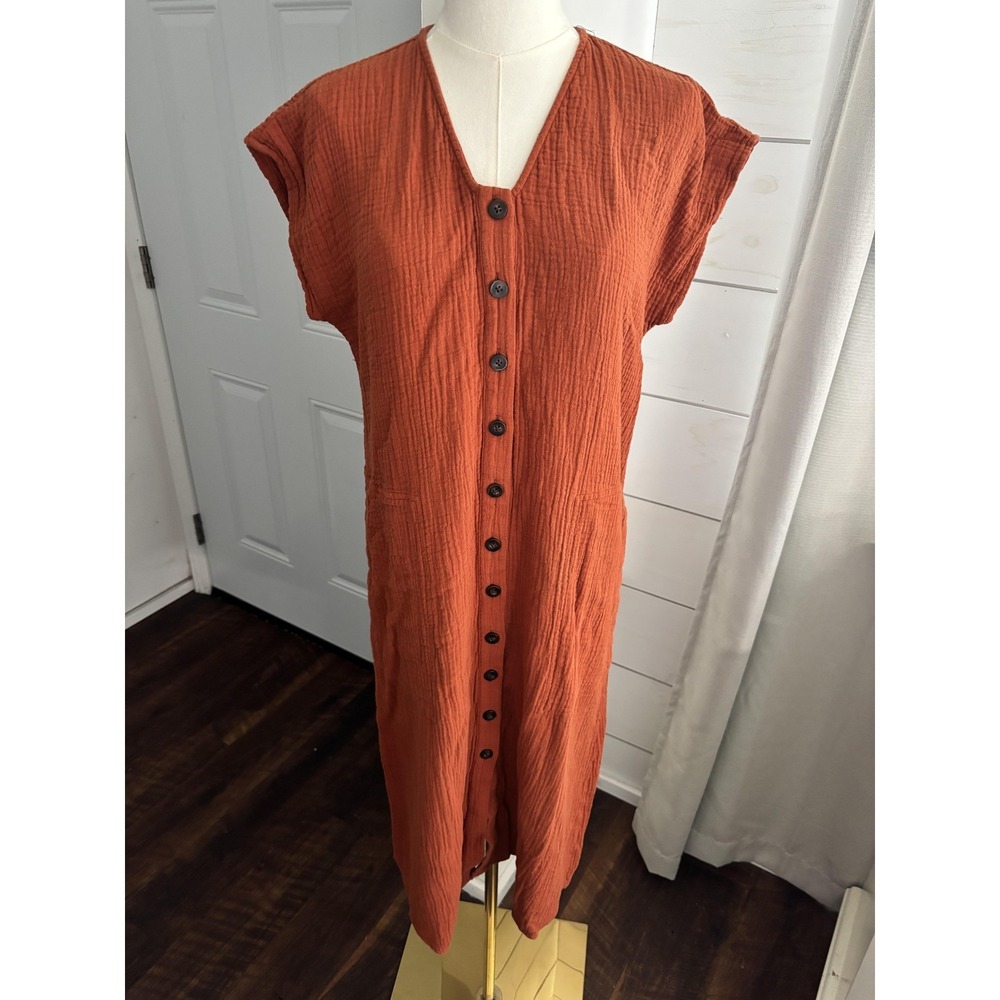 Madewell Dress Womens PS Orange Gauze Button Front V Neck Midi Shift Casual